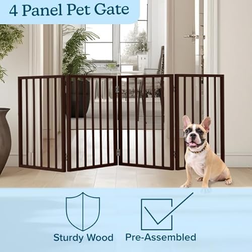Pet Gate - 4-Panel Indoor Foldable Dog Fence for Stairs, Hallways or Doorways - 72x24-Inch Retractable Wood Freestanding Dog Gates by PETMAKER (Brown)