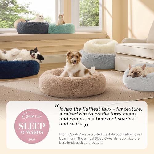 Bedsure Calming Dog Bed for Small Dogs - Donut Washable Small Puppy Bed, 23 inches Anti-Slip Round Fluffy Plush Faux Fur Large Cat Bed, Fits up to 25 lbs Pets, Camel