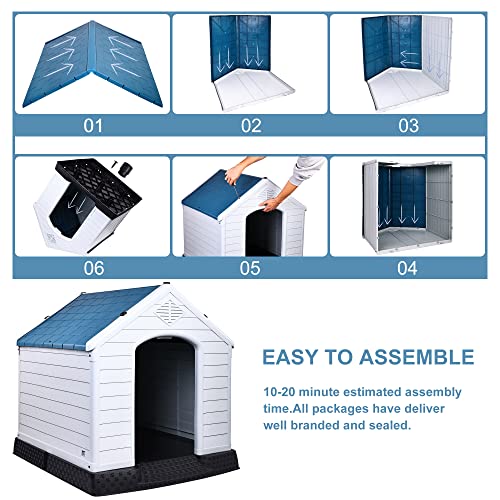 Elevon Plastic Dog House, Insulated Doghouse Puppy Shelter, Water Resistant Easy Assembly Sturdy Dog Kennel with Elevated Floor and Air Vents, Ventilate for Small to Large Sized Dogs (29-Inch, Blue)