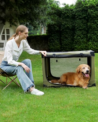 Veraste 33" L x 25" W x 25" H Collapsible Travel Dog Crate, Portable Soft Dog Kennel for Medium Large Dogs up to 60 lbs, 4-Door Foldable Travel Crate with Durable Mesh & Storage BagGreen