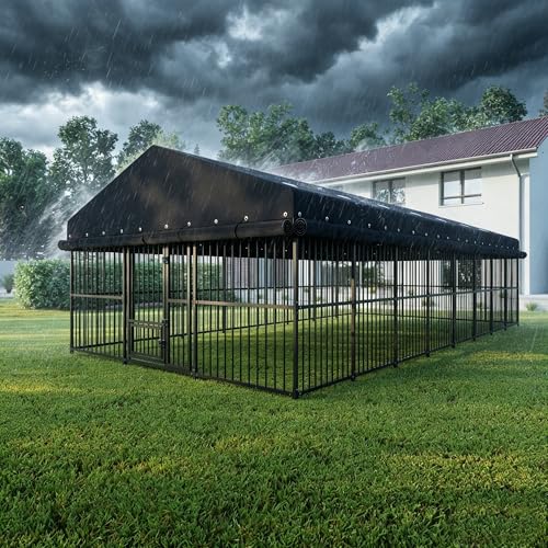 10x20x6 FT Dog Kennel, Outdoor Dog Enclosure with Roof for Large Dogs, Heavy Duty Metal Outside Dog Fence with Triple Safety Locks Secure Dog Cage