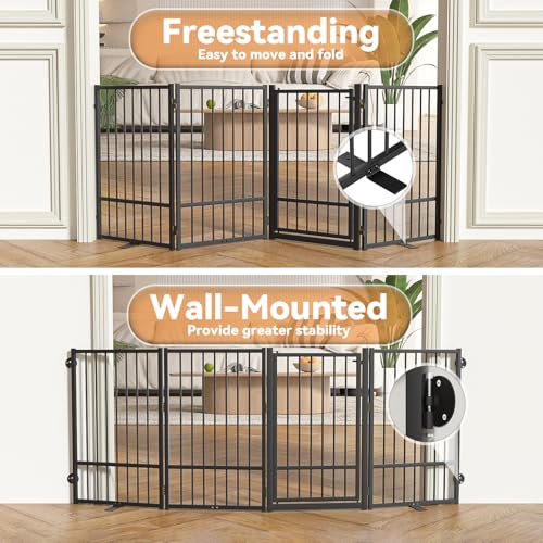 SNUOWU Full Metal Freestanding Dog Gate with Door, 32''Height Foldable Pet Dog Fence for Indoor & Outdoor, 4 Panels Extra Wide Free Standing TallDog Gates for Doorways,House,Stairs,Porch,Deck,Yard