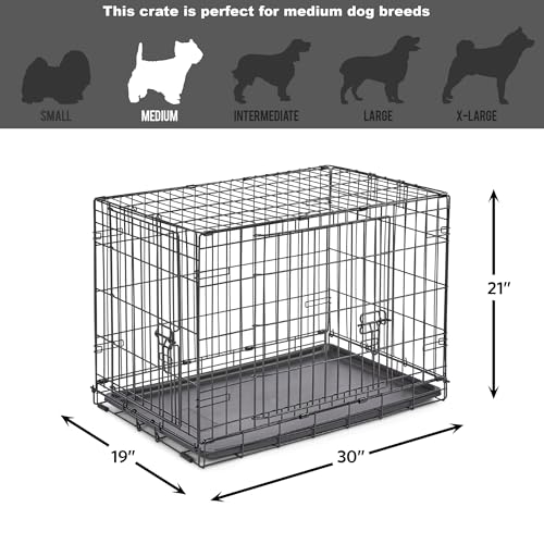 Midwest Homes for Pets 30-Inch New World Crate for Medium Breeds, 21-40 lbs, Double Door Folding Dog Crate, Leak-Proof Tray & Secure Latches, Portable, Durable & Easy to Assemble