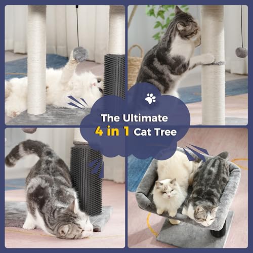 Pawfessor Cat Tree Tower for Large Cats Cat Scratching Post with 20x15.7”Wide Top Bed, Self Groomer, Thick Scratch Post [Dia=4.5”] and Danging Ball Great for Indoor Cats-Large Grey