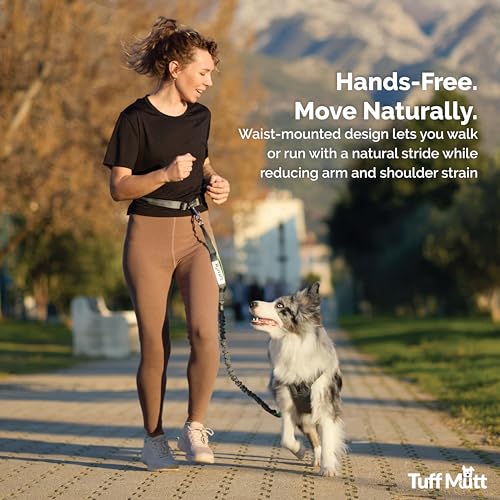 Tuff Mutt Hands Free Dog Leash for Walking Running Hiking, Waist Leash with Bungee, Adjustable Belt, Reflective Double Handle Design for Large Medium Dogs