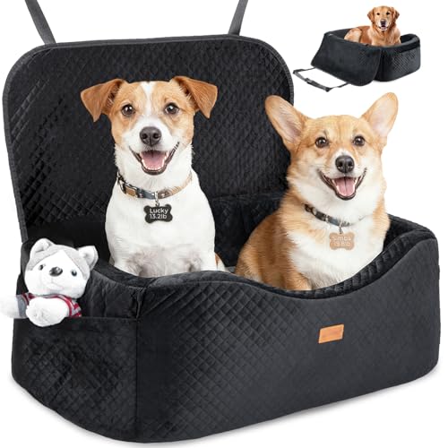Large Dog Car Seat for Medium Sized, Dog Booster Car Seat, Pet Booster Seats up to 55lbs or 2 Small with 4" Memory Foam for Back Seat, Triple Safety Belts, Storage Pockets, Detachable/Washable
