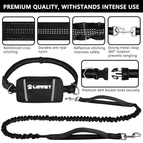 Hands Free Dog Leash, Waist Running Leash with Zipper, Walking Pouch for Medium Large Dogs, Dual Handle and Retractable Bungee for Training Jogging Hiking