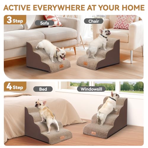 Zerbuger Dog Ramp and Stair for Bed 16" H-20 H,3-Step Cat Stair for Sofa and Chair,4-Step Dog Ramp for High Bed and Window,Durable Nonslip Fabric Cover for Indoor (Coffee-16 H, Pet Friendly, 3)