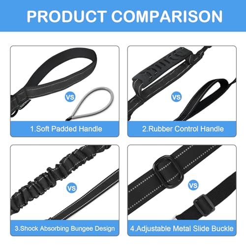 Chioratree Heavy Duty Dog Leash for Medium Large Dogs,4-6FT Shock Absorbing Bungee Tactical Dog Leash with Control Padded Handle and Car Seatbelt, Reflective Lead for Walking Training,Black