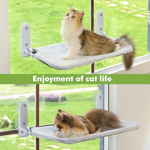 Zoratoo 2PC Cat Window Perch Cordless Foldable Cat Hammock Bed for Window with Metal Frame and Reversible Cover, Large Suction Cups Window Resting Seat for Indoor Cats (Cat Bed, M-2PC)