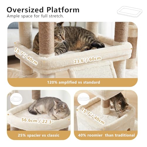Heybly Cat Tree, 72.4-Inch Anti-Tip Cat Tower for Large Cats, All-in-One Cat Furniture with Spacious Perches, Multiple Interactive Areas, Extra-Large Sisal Scratching Board, Beige HCT060MJ