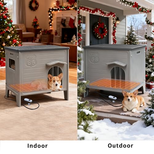 Heated Dog House for Outside Weatherpoof Plastic Dog Houses Outdoor Indoor Waterproof Feral/Pet Dog Shelter for Medium and Small Dogs (Grey)