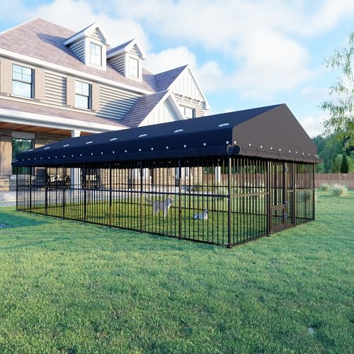 10x20x6 FT Dog Kennel, Outdoor Dog Enclosure with Roof for Large Dogs, Heavy Duty Metal Outside Dog Fence with Triple Safety Locks Secure Dog Cage