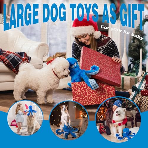 LEGEND SANDY Tough Dog Toys, Stuffed Chew Large Dog Toys to Keep Them Busy, Interactive Squeaky Tug of War Doggie Toy, Crinkle Blue Octopus