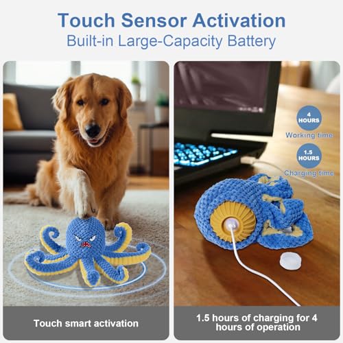 Qraxond Interactive Dog Toys Octopus,Durable Automatic Jumping Dog Toy to Keep Them Busy,Squeaky Moving Tug of War Doggie Toy,USB Rechargeable,Not for Aggressive Chewers (Blue)