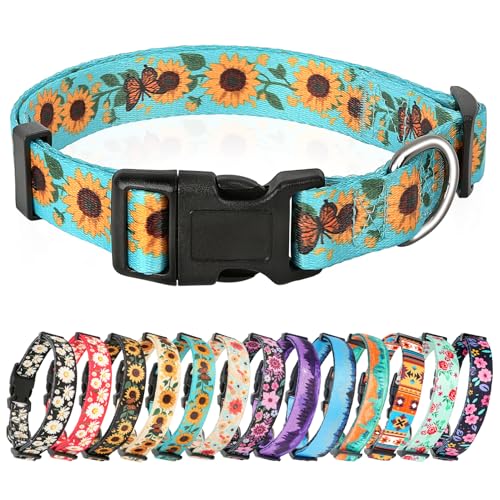 HEELE Dog Collar, Adjustable Soft Dog Collar for Small Medium Large Dogs,Sunflower Floral Patterned Puppy Collars with Quick Release Buckle Sunflower Green S Length 9.84''-14.96'