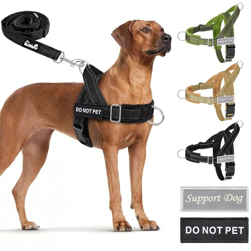 SlowTon No Pull Dog Harness - Heavy Duty Dog Harness and Leash Set for Medium Large Dogs, Reflective Tactical Harness with Soft Padded and Front Clip for Easy Walk and Training (Black L)