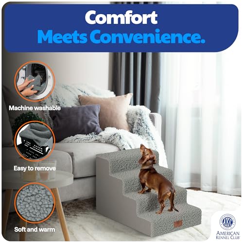 AKC – 4-Step Pet Stairs for Beds & Couch | Built for Small Dogs & Small Breeds | Long-Back & Senior Dogs | Lightweight, Soft, Non-Slip, Washable | No-Tool Assembly | Supports 35 lbs | 16x24x14.2 in