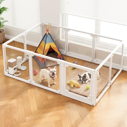 Pawaura Clear Acrylic Dog Playpen Indoor,Tool-Free Assembly & Easy Clean,24 in Puppy Playpen with Door for Small Dogs/Cats/Rabbits/Pigs/Ferret,Indoor and Outdoor Use,10 Panels(White)