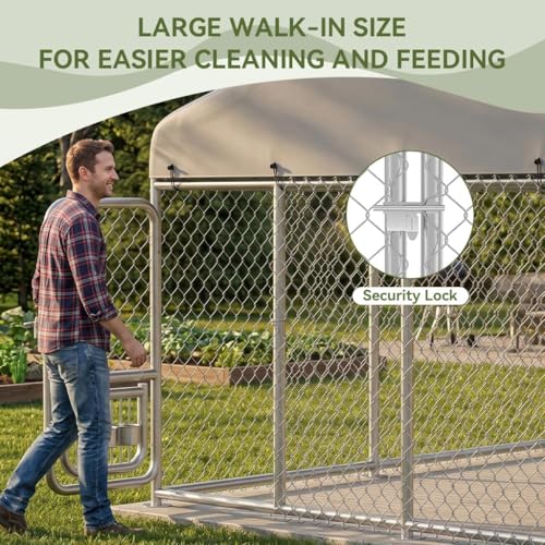 COMHOMA 7.5×7.5FT Dog Kennel Outdoor with Adjustable Bowls Feeder,Large Metal Dog Enclosure with Weather-Resistant Cover,Lockable Gate for Medium Large Dogs (Gunmetal, 7.5x7.5FT (90x90in))