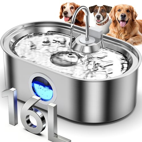 4.2Gal Dog Water Fountain for Large Dogs, 16L Stainless Steel Dog Fountain Water Bowl with Multi-Filtration & Deeper Drinking Tray, Extra Large Pet Water Fountain with Water Window & LED, Ultra-Quiet