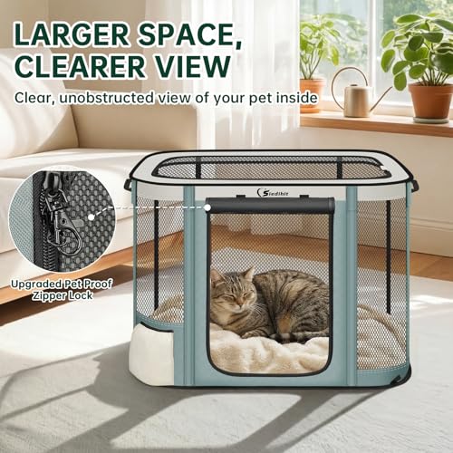 Siedihit Dog Cat Playpen Crate with Washable Pee Pad, Reinforced Durable Dog Cage, Portable Foldable Pet Kennel with Breathable Visibility (Grey with Pad, Large)