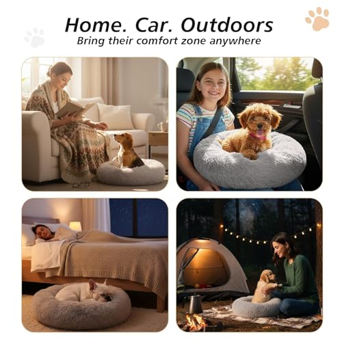 JOLLYVOGUE Calming Dog Bed Medium Size Dog, 31in Donut Washable Medium Pet Bed, Anti-Slip & Anti-Anxiety Fluffy Faux Fur Round Dogs Bed, Fits up to 45 lbs Pets (Smoke Grey)