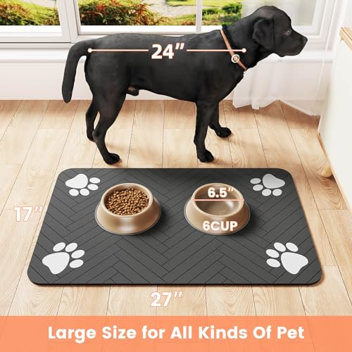 Pet Feeding Mat-Absorbent Pet Placemat for Food and Water Bowl, with Waterproof Rubber Backing, Quick Dry Water Dispenser Mat for Dog and Cat (27"x17", Striped Dark Gray)
