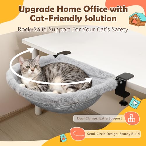 JinxZap X-Large Cat Desk Bed | 19"x15" Spacious Retreat, Dual Clamps & Sunken Hammock Design, Comfy Cat Desk Hammock with Faux Rabbit Fur Cover, Removable & Washable, Holds Up to 40lbs