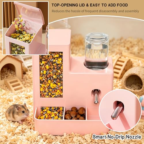 PawluxeNINE Hamster Water Bottle and Feeder, No Drip 2-in-1 Automatic Waterer and Food Dispenser, Gravity Feeding Hamster Cage Accessories for Small Pets 5.51 x 4.33 x 6.49 Inch