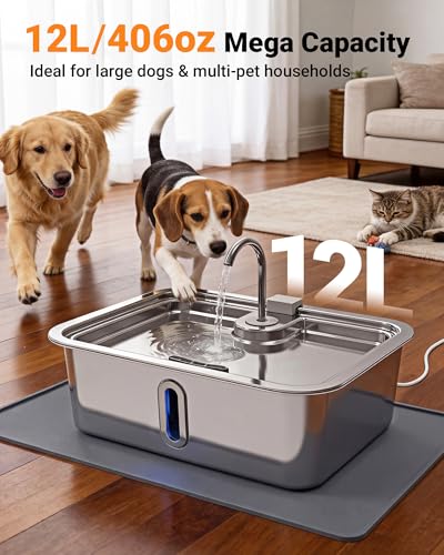 12L/3.17Gal Dog Water Fountain with Silicone Mat & 3 Filters, Stainless Steel Multi Pet Water Dispenser, Quiet Automatic Dog Water Bowl Dispenser with Visible Window & Alert Light for Large Dogs Cats