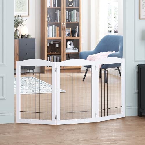 Spirich Freestanding Wire Pet Gate for Dogs, 60 inches Extra Wide, 30 inches Tall Dog Gate for The Houes, Doorway, Stairs, Pet Puppy Safety Fence, White 3 Panels
