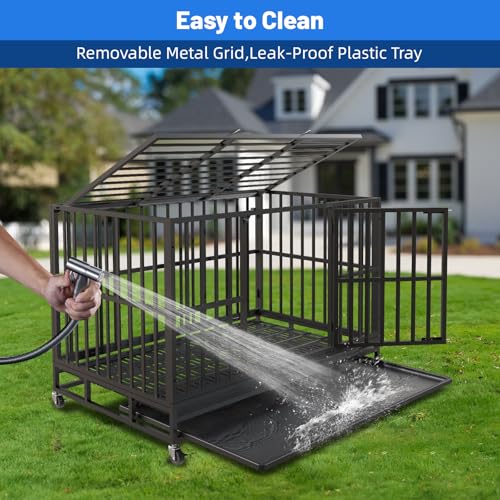 NUGRIART 48 Inch Heavy Duty Indestructible Dog Crate, XL Steel Escape-Proof Kennel for Large Dogs, Double Door Design with 4 Locking Wheels & Reinforced Baseplate, Ideal for High-Anxiety Dogs