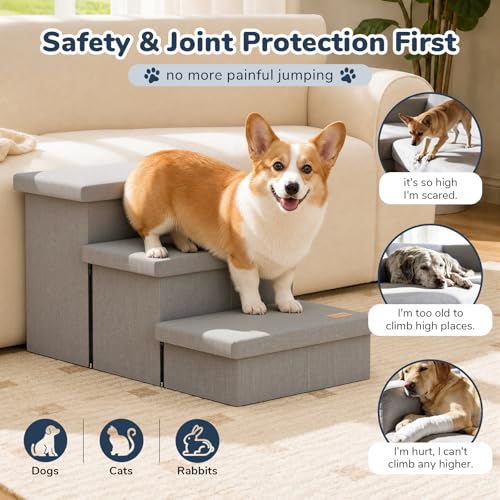 Fecuria 3-Step Wide Dog Stairs with Hidden Storage 18" H, Non-Slip Dog Steps for High Bed Couch Window Car, Jiont-Friendly Pet Stairs Ramp for Small/Medium/Large Old Dogs Cats Up to 220lbs, Grey