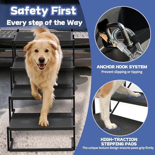 Dog Steps for Car, Truck, SUV, Dog Stairs for Car with Upgraded Non-Slip Surface, Foldable Dog Ramp for Car, Pet Stairs for Large Dogs, 4 Steps