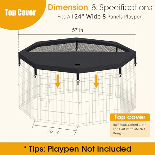 Dog Playpen Top Cover Only for 8 Panel 24 Inch Pet Playpen, Black Mesh Shade Cover for Small Medium Pets, Indoor Outdoor Use, Octagonal Shape, Fence Panels Not Included