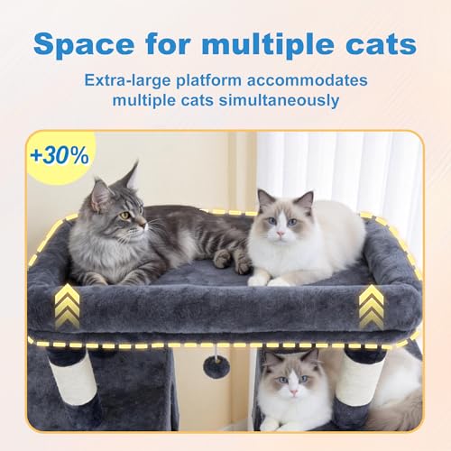Hey-brother Cat Tree Tower, Large Sisal Scratching Posts with Big Platform, 3 Spacious Condos, Plush Hammock, Toy, 57.5 Inches Multi-Level Furniture for Indoor Adults Maine Coon, Smoky Gray MPJ083G