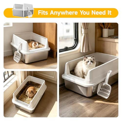 Tevila Stainless Steel Litter Box with High Sides, Small Metal Litter Box for Kittens & Senior Cats, Open Top Low Entry Non-Stick Easy Clean with Scoop, Gray