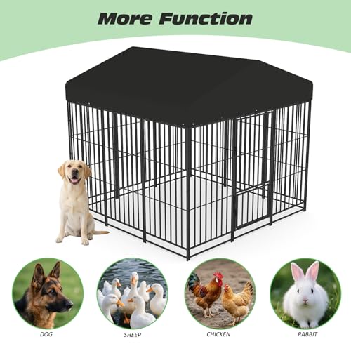 PANTAZO Large Dog Kennel Outdoor with Double Safety Locks 73''x72''x71'' Heavy Duty Welded Wire Steel Pet Pen Dog Enclosure with UV-Resistant Waterproof Roof