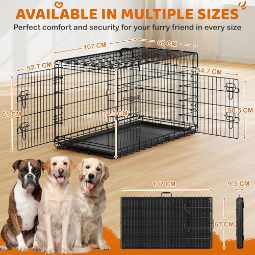 Yaheetech 42 inch Double Door Dog Crate w/Divider for Puppy, Collapsible Metal Dog Kennel with Removable Tray, Portable Travel Cage, Black