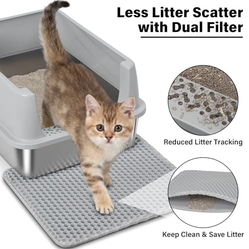 FUTAM Stainless Steel Litter Box with Lid, Metal Litter Box High Sides, Low Entry Litter Boxes with Scoop and Mat,Non-Stick,Anti-Leakage,Easy to Clean Litterbox for Small to Medium Cats