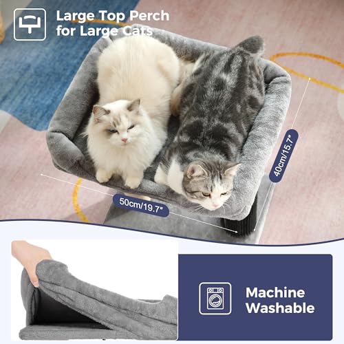 Pawfessor Cat Tree Tower for Large Cats Cat Scratching Post with 20x15.7”Wide Top Bed, Self Groomer, Thick Scratch Post [Dia=4.5”] and Danging Ball Great for Indoor Cats-Large Grey