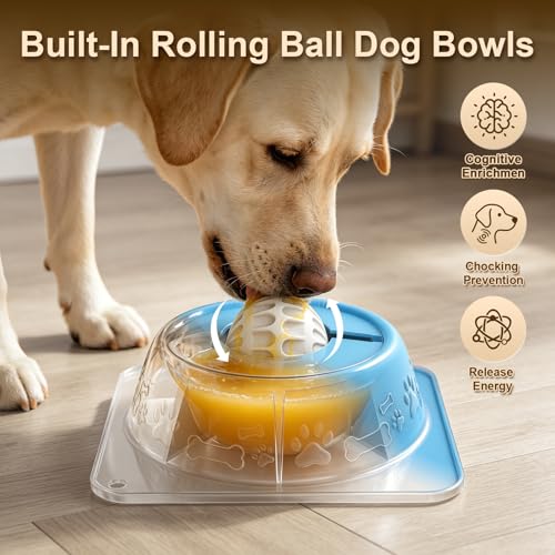Slow Feeder Dog Bowl for Liquid Treats, Anti-Slip Lick Bowl, Bone Broth and Yogurt Puzzle Feeder, No Spill Pet Bowl Pup Lick Toy for Large Medium Small Dogs and Cats, Anxiety Relief, Blue