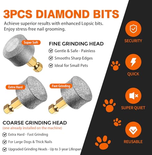 Whisper Quiet Dog Nail Grinder with 4 LED Lights, Safe & Stress-Free for Sensitive Dogs Cats of All Breeds & Sizes, 3 Grinding Bits, 3-Speed, Pet Nail Trimmers, Rechargeable Painless Grooming Kit