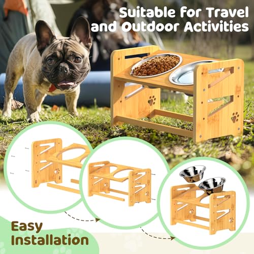 CozyLazy Elevated Dog Bowls, Adjustable Raised Dog Bowl Stand for Medium and Small Dog, 11" High Bamboo Pet Food Feeder with 2 Stainless Steel Dishes（4 Heights）