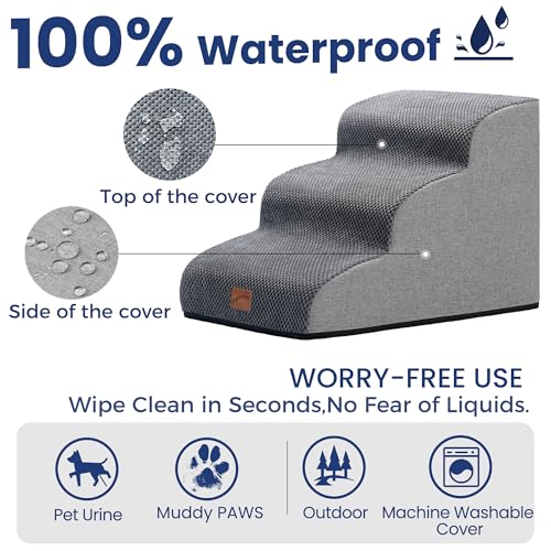 GoGoBunny Ramp Dog Stairs for Couch Sofa and Chair 15.7" H, 3-Step Pet Steps for Small Dogs and Cats, Non-Slip Waterproof Fabric Cover, Stable and Balanced Indoor Step, Pets Friendly, Grey