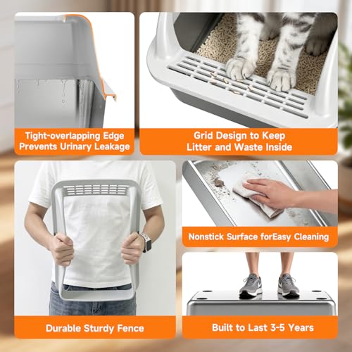 OneBug Stainless Steel High Sides Cat Litter Box with Scoop, Open Top Litter Pan for Indoor Cats, Easy to Clean, Reduced Litter Scatter, Medium