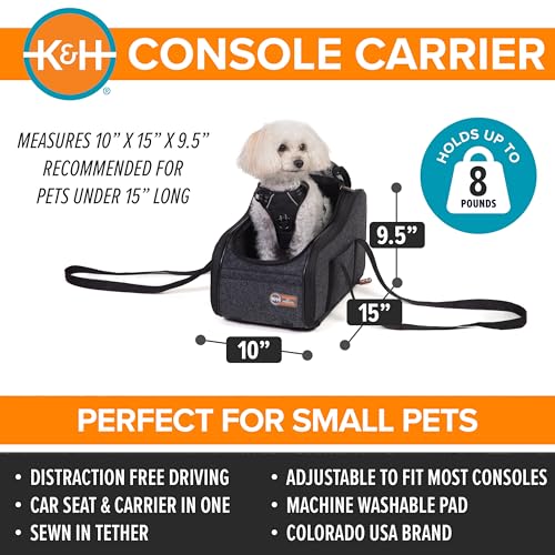 K&H Pet Products Center Console Dog Car Seat for Small Dogs & Cats, Secure Armrest Booster Pet Carrier with Safety Tether, Zippered Enclosure, 2 Pockets, Washable Plush Pad, for Pets Under 8 lbs.