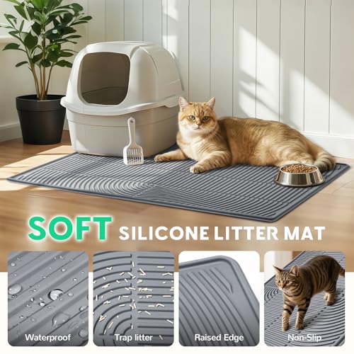 Pawtasy Cat Litter Box Mat,40" x 28" Extra Large Silicone Waterproof Litter Trapping Mat for Scatter Control Soft on Kitty Paws Non-Slip Easy to Clean