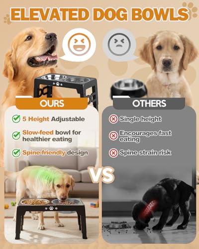 Jovrun Elevated Dog Bowls for Medium Large Size Dogs, Non-Slip Dog Feeder with 1*Stainless Steel Dishes & 1*Slow Feeder Bowl, 5 Heights Adjustable Raised Bowls to 3.15″-8.66″-9.84″-11.02″-12.2″